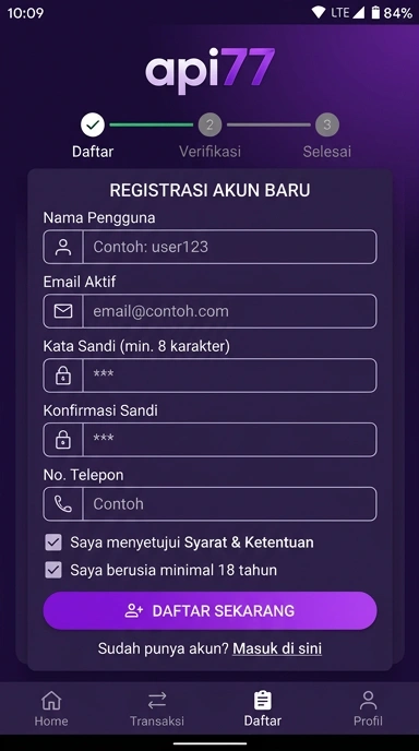Tampilan halaman daftar api77