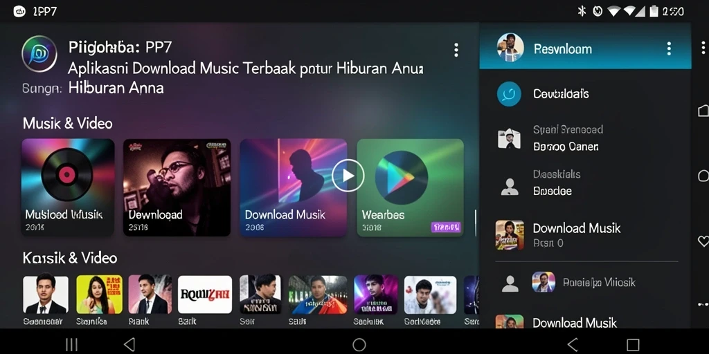 Screenshot utama PP7 menampilkan antarmuka pengguna aplikasi Download Musik.